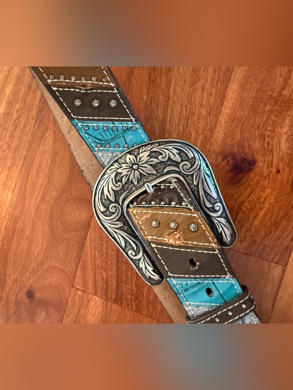 Western Ariat Turquoise & Brown Leather Belt with Floral Buckle